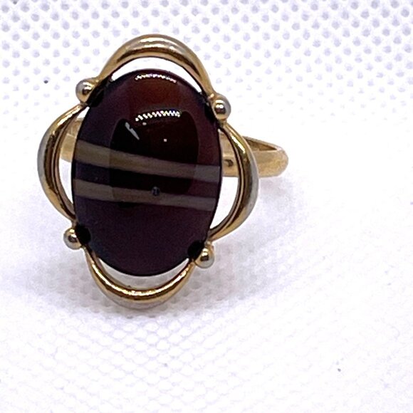 Vintage Faux Tiger Eye Ring Sarah Coventry Brown Adjustable Gold-Tone Size 7.25 - Picture 7 of 10